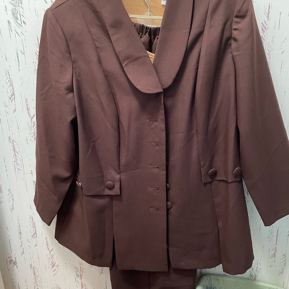 Three piece Brown suit, pants, gold shell and jacket